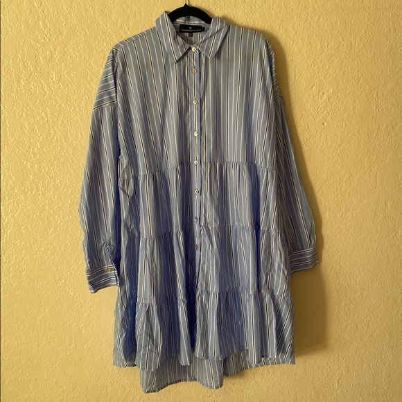 Pomander Place Tuckernuck Cara Mini Shirt Dress Size L Light Blue Striped Cotton - Picture 3 of 8